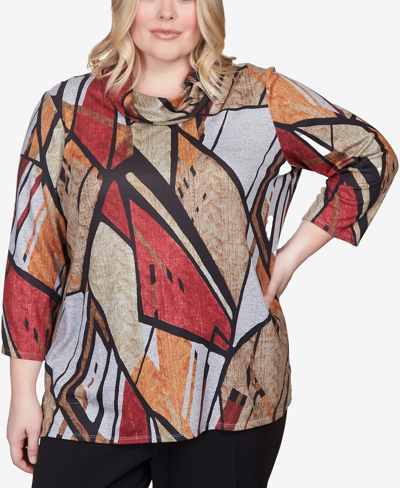 Alfred Dunner Plus Size Park Place Abstract Patchwork Cowl Neck Top In Multi