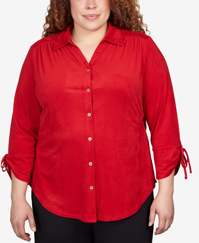 Alfred Dunner Plus Size Park Place Stretch Knit Faux Suede Button Up Top In Red