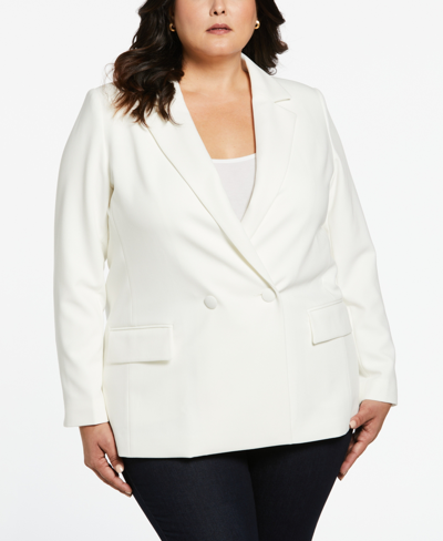Ella Rafaella Plus Size Double Breasted Gabardine Blazer Jacket In Star White