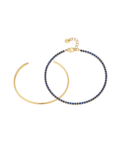 Unwritten Blue Sapphire Cubic Zirconia Tennis And Cuff 2 Piece Bracelet Set In Gold