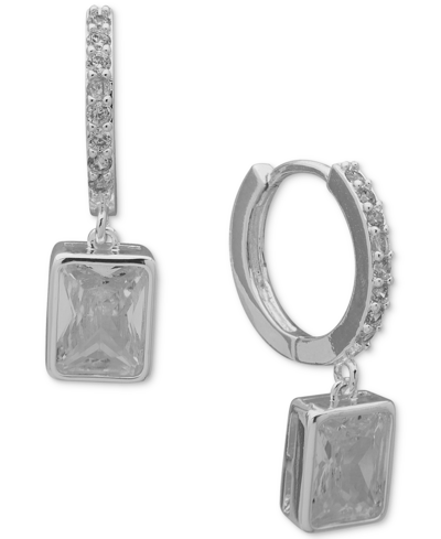 Anne Klein Silver-tone Rectangle Crystal Charm Pave Hoop Earrings