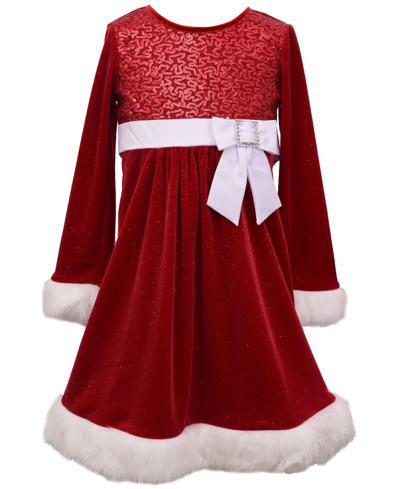 Bonnie Jean Kids' Little Girls Long Sleeved Sequin And Stretch Velvet Santa Dress In Red