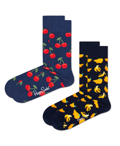 Happy Socks Classic Cherry Crew Socks, Pack Of 2 In Dark Blue