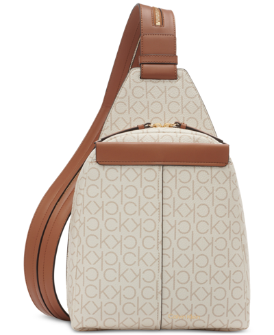 Calvin Klein Millie Signature Convertible Zip-around Sling In Vanilla Khaki,caramel