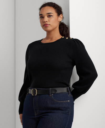 Lauren Ralph Lauren Plus Size Crewneck Puff-sleeve Sweater In Black