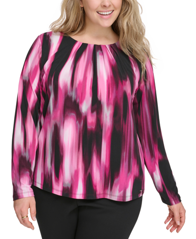 Calvin Klein Plus Size Printed Long-sleeve Pleated Blouse In Port Multi
