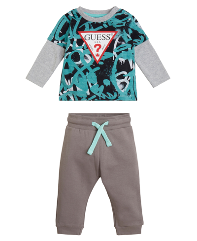 Guess Baby Boys Triangle Stream Jersey And Joggers, 2 Piece Set In Blue