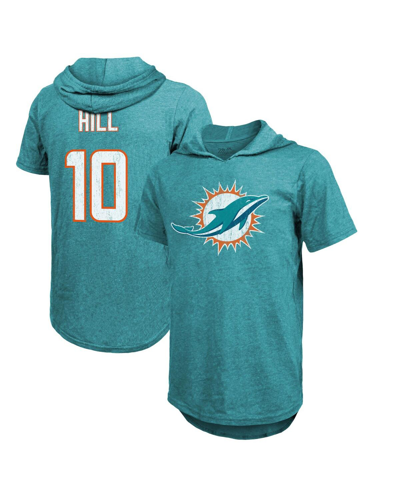 Majestic Men's  Threads Tyreek Hill Aqua Miami Dolphins Player Name & Number Short Sleeve Hoodie T-sh