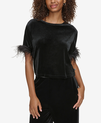 Karl Lagerfeld Women's Velvet Feather-trim Top In Black
