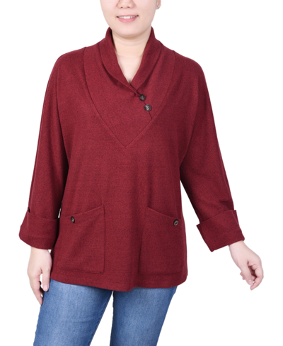 Ny Collection Women's Long Sleeve Shawl Collar Top With Pockets In Red