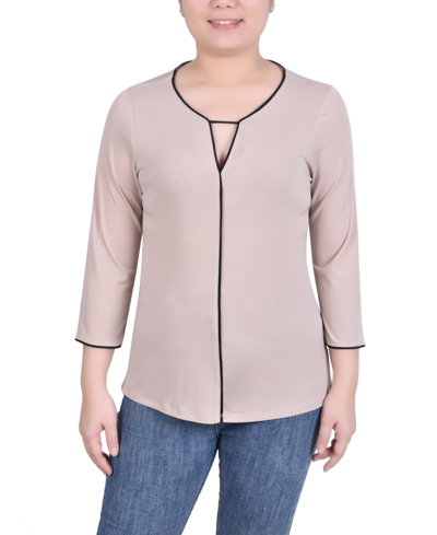Ny Collection Plus Size 3/4 Sleeve Piped Top In Tan,beige