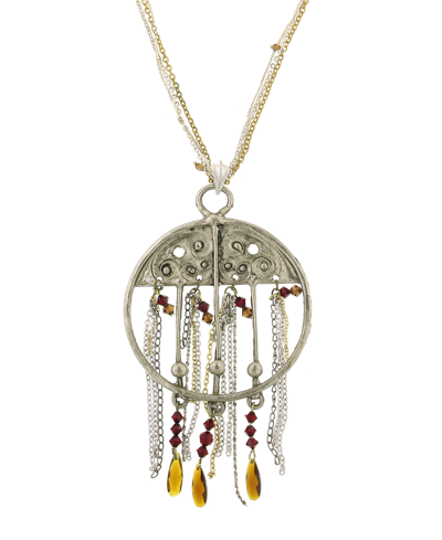 1928 T.r.u. By  Round Adorned Center Necklace With Tassel Chain And Crystals In Multi