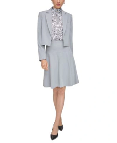 Calvin Klein Petite Cropped Open Front Jacket Abstract Print Mock Neck Ruffle Sleeve Blouse Knee Length Side Zip  In Tin