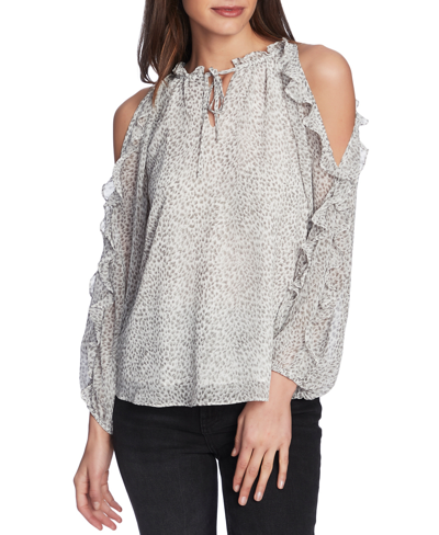 1.state Women's Serene Animal Print Ruffled Cold Shoulder Blouse In New Ivory