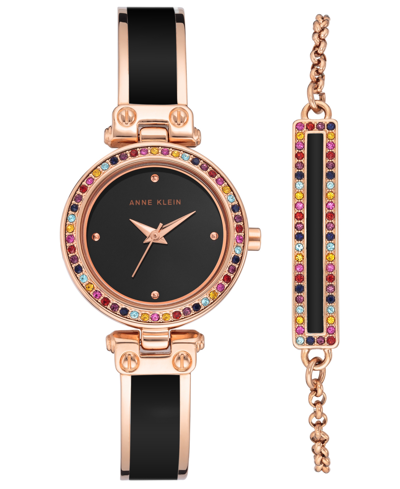 Anne Klein Women's Quartz Rose Gold Alloy And Black Enamel Bangle Watch Set, 28mm In Two-tone