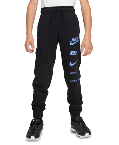 Nike Big Kids Sportswear Standard-fit Logo-print Fleece Cargo Joggers In Black