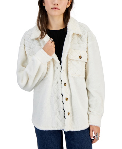 Crave Fame Juniors' Diamond Quilted Faux-fur Sherpa Shacket In Ivory