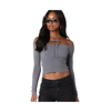Edikted Jane Tie Front Off The Shoulder Long Sleeve Crop Top In Gray