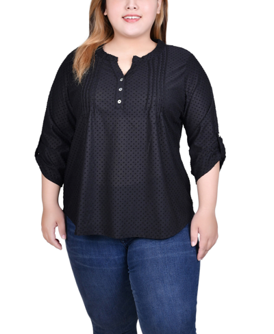 Ny Collection Plus Size 3/4 Sleeve Roll Tab Y Neck Top In Black