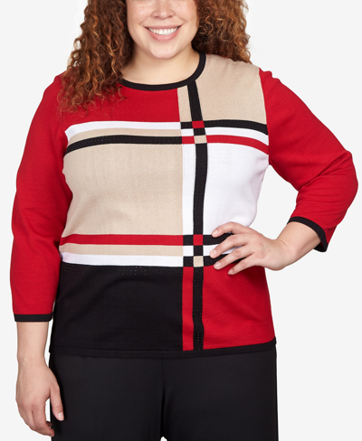 Alfred Dunner Plus Size Park Place Colorblock Plaid Sweater In Red