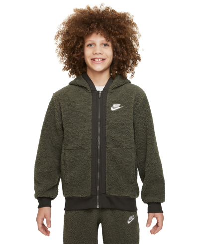 Nike Big Kids Sportswear Club Fleece Full-zip Hoodie In Cargo Khaki,sequoia,white