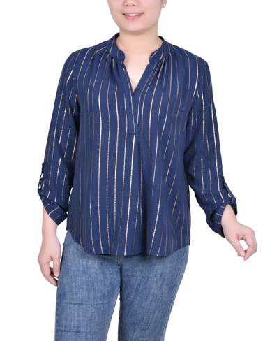 Ny Collection Women's Long Sleeve Foil Striped Blouse In Navy