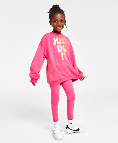 Nike Kids' Little Girls Shine Crewneck Sweatshirt And Leggings, 2 Piece Set In Fireberry