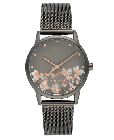 Nine West Women's Quartz Dark Gray Stainless Steel Mesh Band And Flower Pattern Watch, 35mm