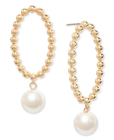 On 34th Gold-tone Imitation Pearl & Granulated Hoop Drop Earrings, Created For Macy's