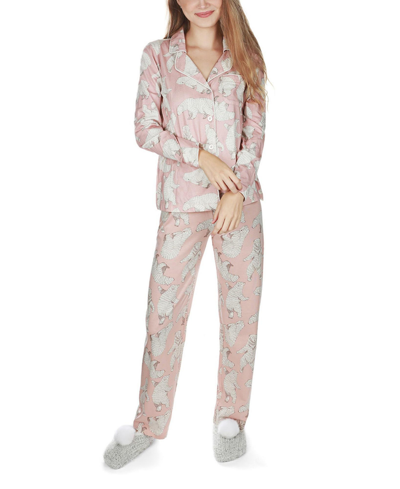 Memoi Women's Cotton Blend Polar Bears Notch Collar Pajama Set In Pink