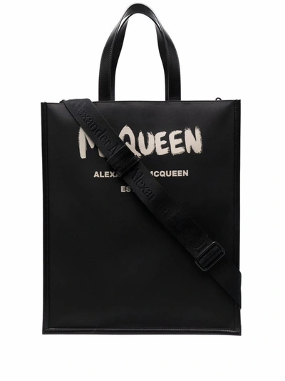 Alexander Mcqueen Graffiti Logo Printed Tote Bag In Black