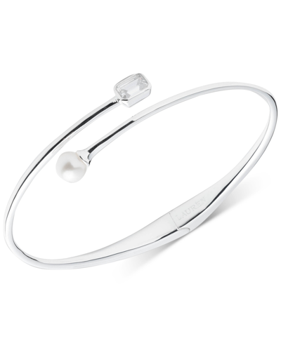 Lauren Ralph Lauren Freshwater Pearl (6mm) & Cubic Zirconia Bypass Bangle Bracelet In Sterling Silve In Sterling Silver