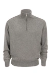 Brunello Cucinelli Men High-necked Cashmere Sweater With Zip Opening In Grey Melange