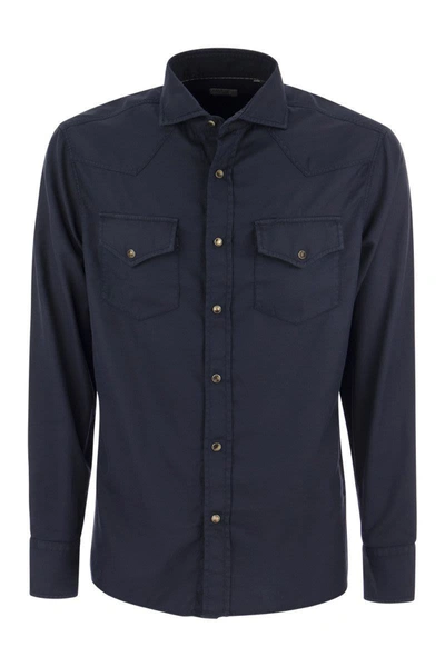 Brunello Cucinelli Garment-dyed Easy-fit Twill Shirt With Press Studs, Epaulettes And Pockets In Blue