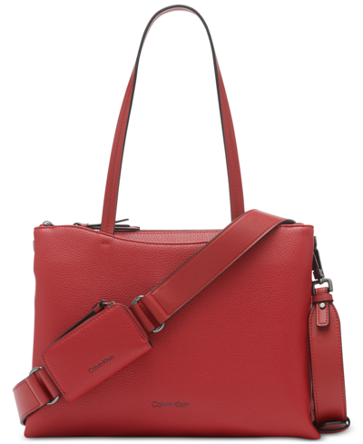 Calvin Klein Chrome Top Zipper Convertible Tote With Zippered Pouch In Ruby Red