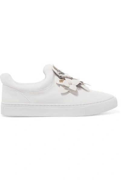 Tory Burch Blossom Floral-appliquéd Leather Slip-on Trainers In Black
