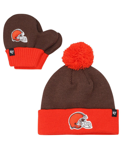 47 Brand Babies' Toddler Unisex Brown And Orange Cleveland Browns Bam Bam Cuffed Knit Hat With Pom And Mittens Set In Brown,orange