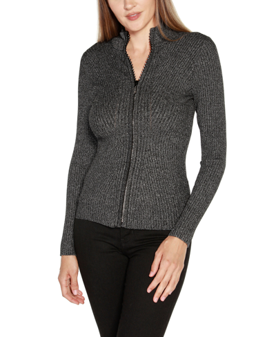 Belldini Black Label Plus Size Lurex Mock Neck Ribbed Zip Up Sweater In Graphite