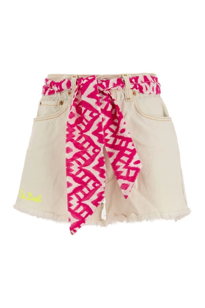 Mc2 Saint Barth Denim Shorts With Embroidery And Scarf In White