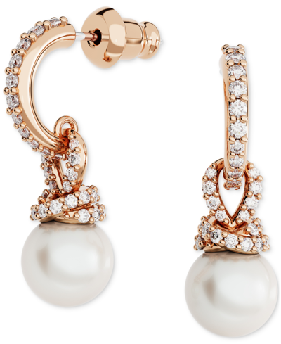 Swarovski Rose Gold-tone Pave & Imitation Pearl Charm Hoop Earrings