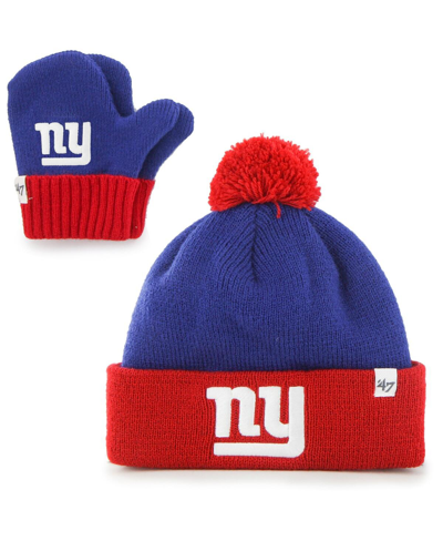 47 Brand Babies' Toddler Unisex Royal And Red New York Giants Bam Bam Cuffed Knit Hat With Pom And Mittens Set In Royal,red