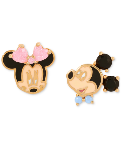 Girls Crew 18k Gold-plated Color Crystal Mickey & Minnie Mismatch Stud Earrings