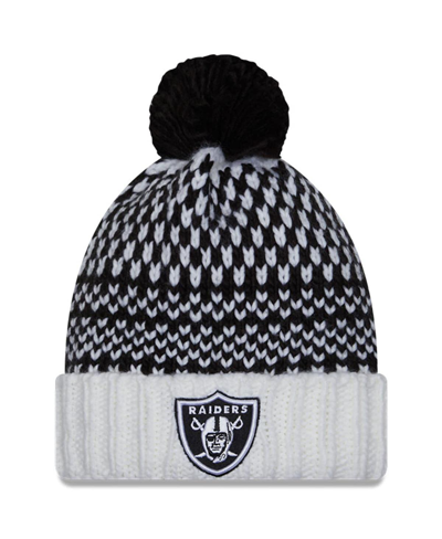 New Era Women's  Black, White Las Vegas Raiders 2023 Nfl Crucial Catch Cuffed Pom Knit Hat In Black,white