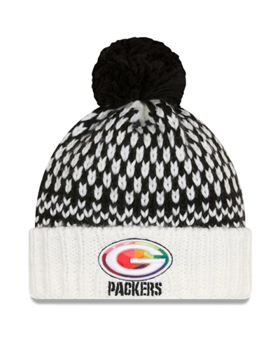New Era Women's  Black, White Green Bay Packers 2023 Nfl Crucial Catch Cuffed Pom Knit Hat In Black,white