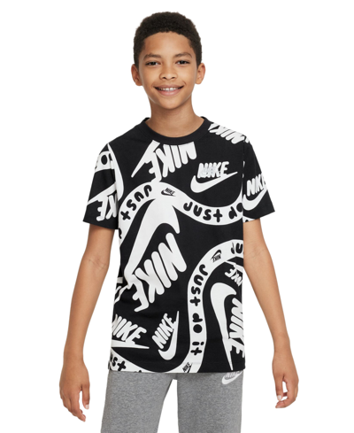 Nike Big Kids Sportswear Relaxed-fit Logo T-shirt In Black,white,wolf Grey