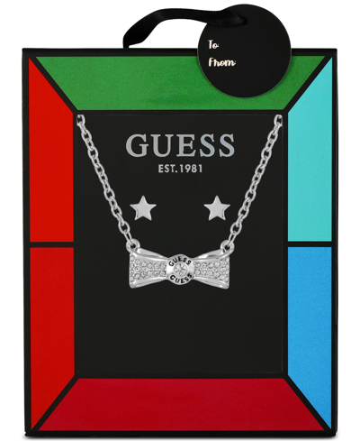 Guess Crystal Pave Bow Pendant Necklace & Stud Earrings Gift Set In Silver