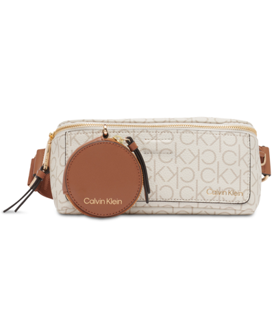 Calvin Klein Millie Signature Convertible Belt Bag With Zippered Coin Pouch In Vanilla Khaki,caramel