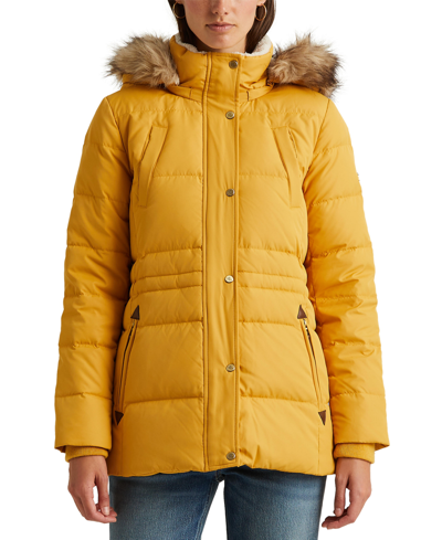 Lauren Ralph Lauren Women's Faux-fur-trim Hooded Puffer Coat, Created For Macy's In Light Mustard