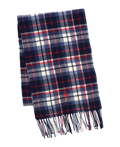 Polo Ralph Lauren Plaid Recycled Wool Blend Scarf In Navy,cream