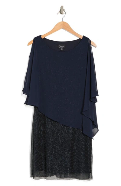Connected Apparel Cape Overlay Chiffon Shift Dress In Navy
